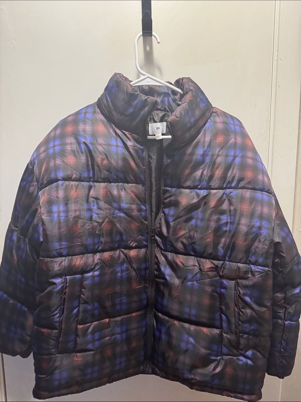 bp Plaid Puffer Jacket in Black with Blue & Red Accents